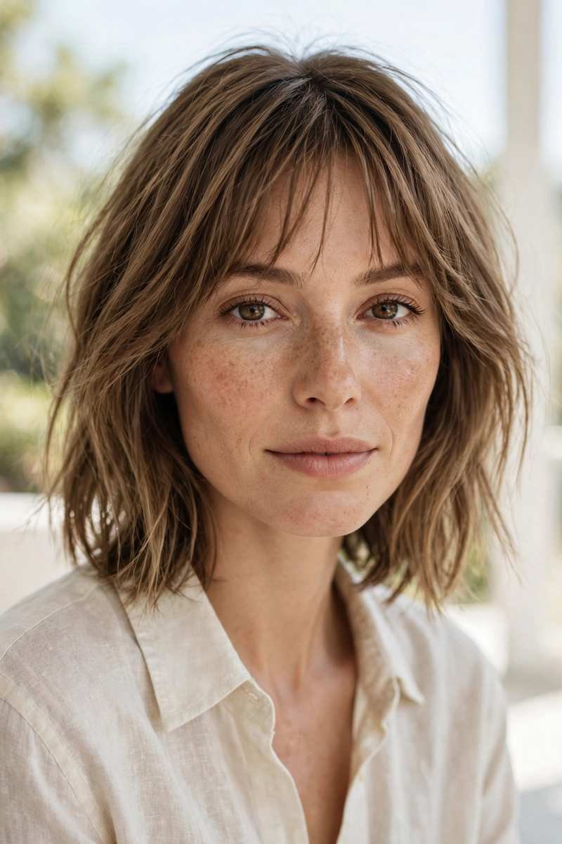 Textured shoulder-length lob with wispy bangs