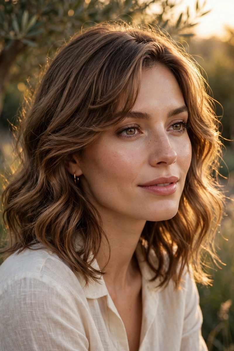 Wavy shoulder-length hair with side-swept bangs at golden hour