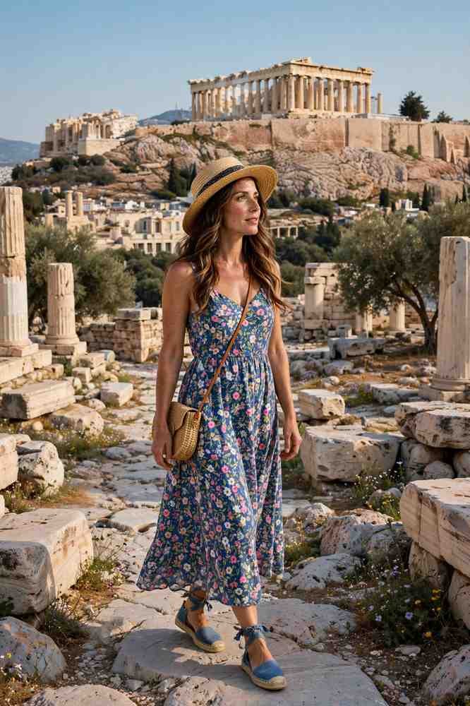 Floral sundress with espadrilles exploring Greek ruins