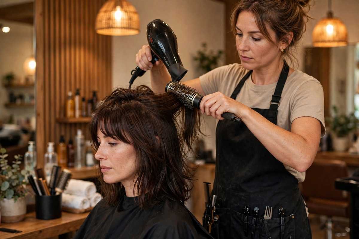 Hairstylist blow-drying shoulder-length hair with round brush