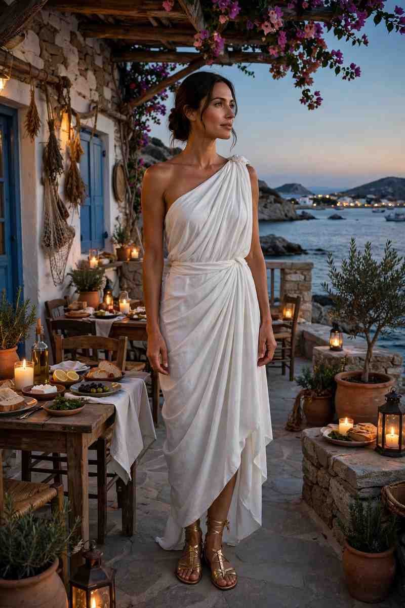 Grecian draped white dress at seaside taverna at dusk