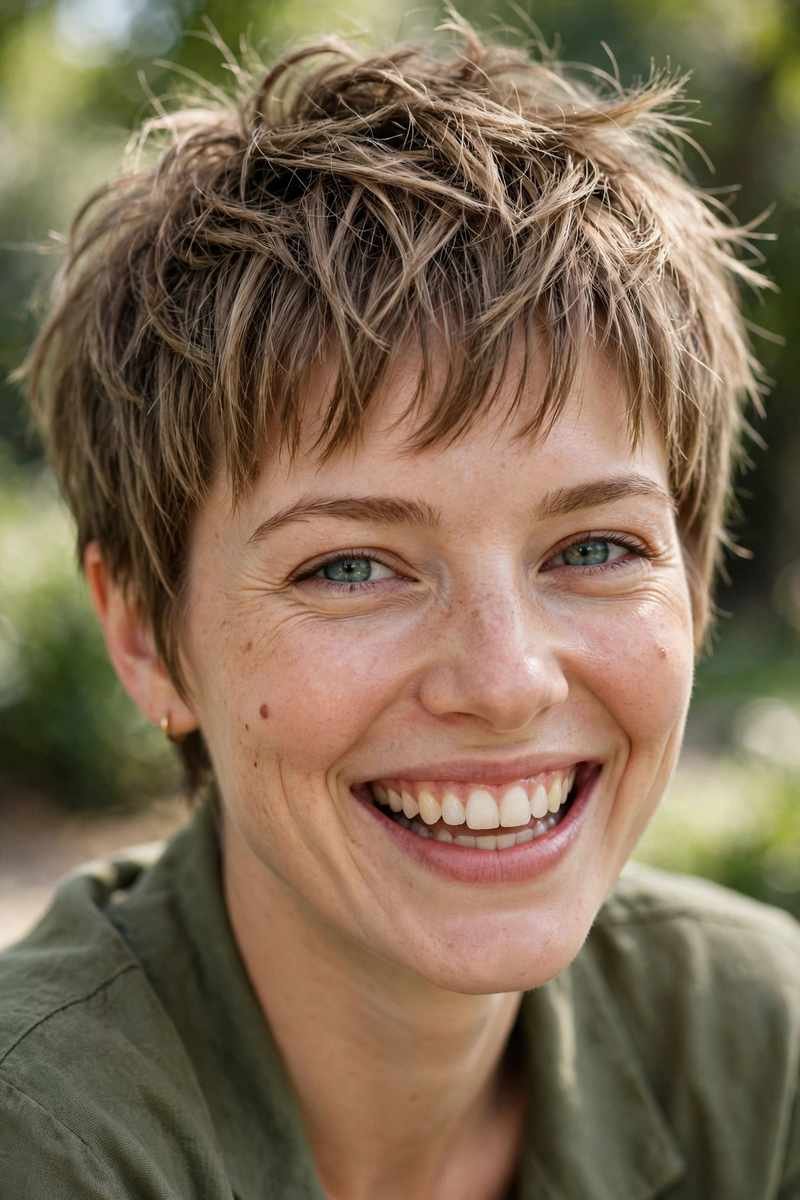 Textured pixie with wispy bangs, playful tousled short hair