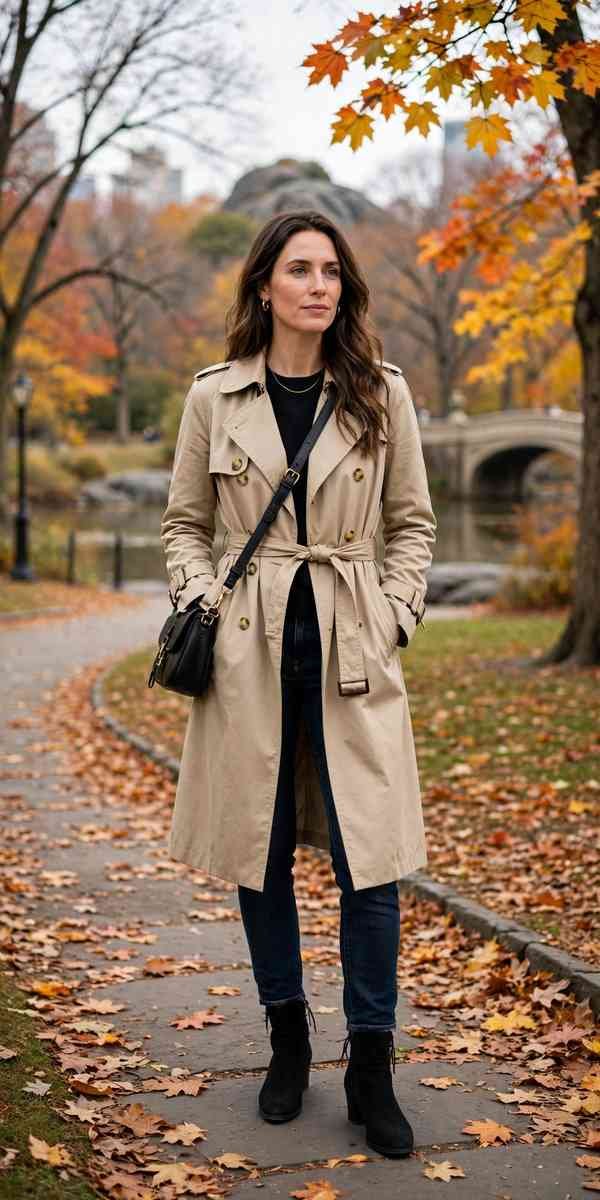 Beige trench coat over dark jeans and ankle boots, Central Park