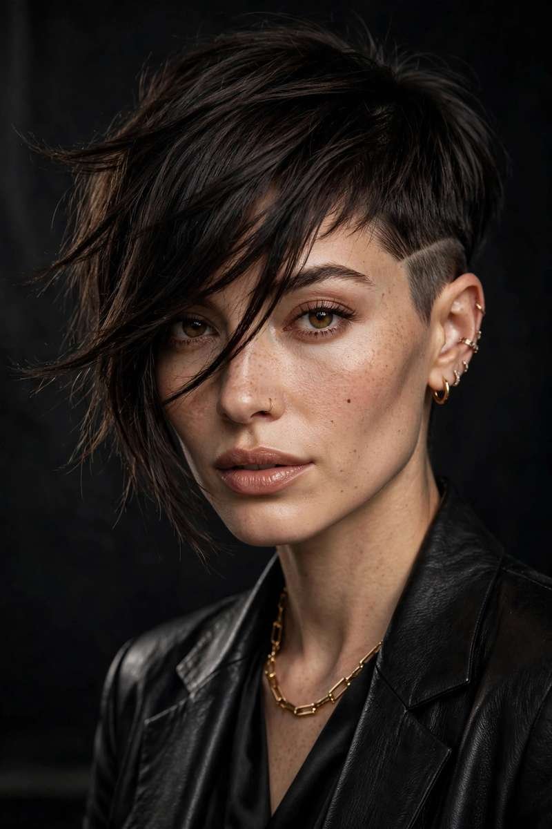 Edgy asymmetric pixie with long sweeping bangs