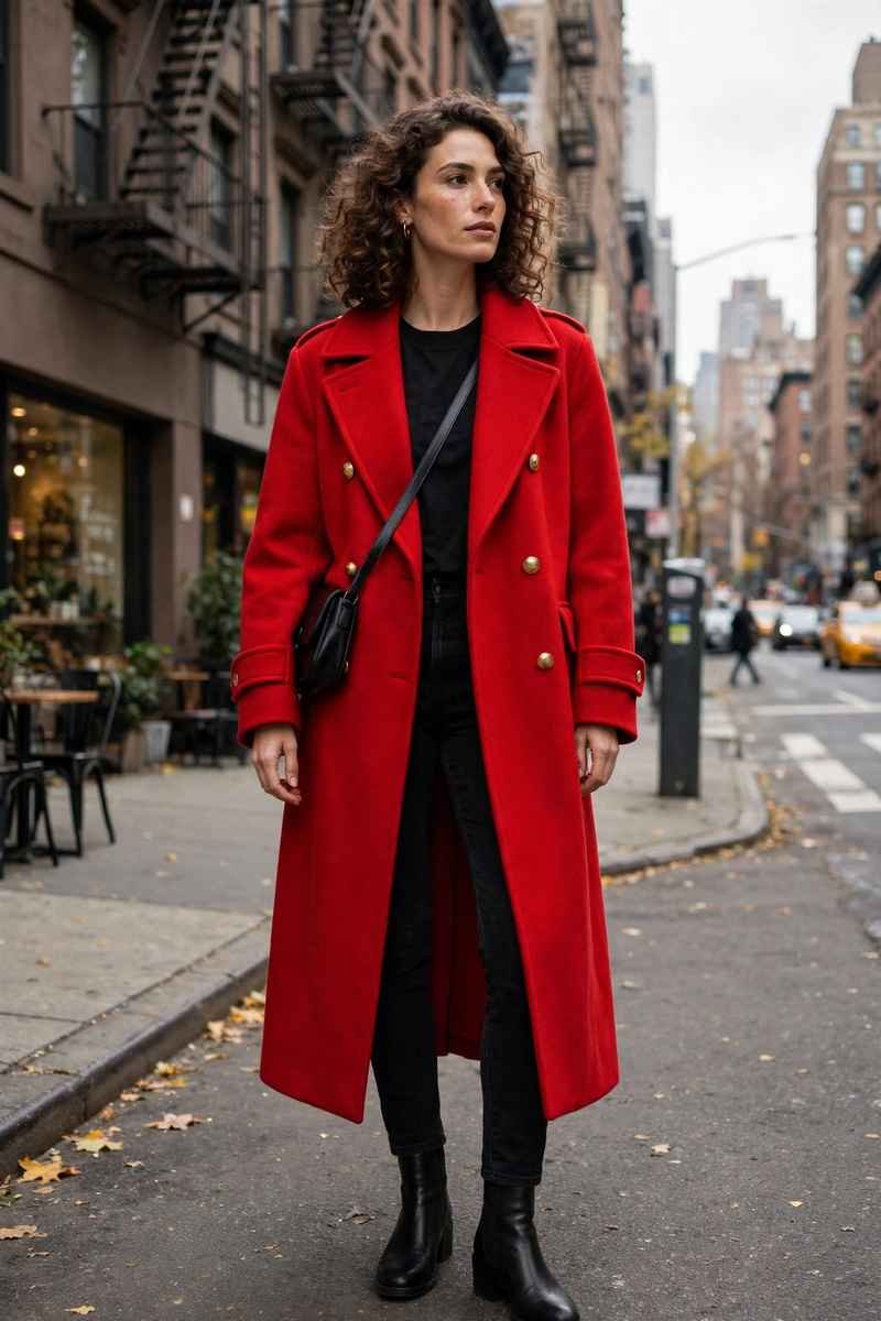 Bold red statement coat over black jeans, Manhattan street