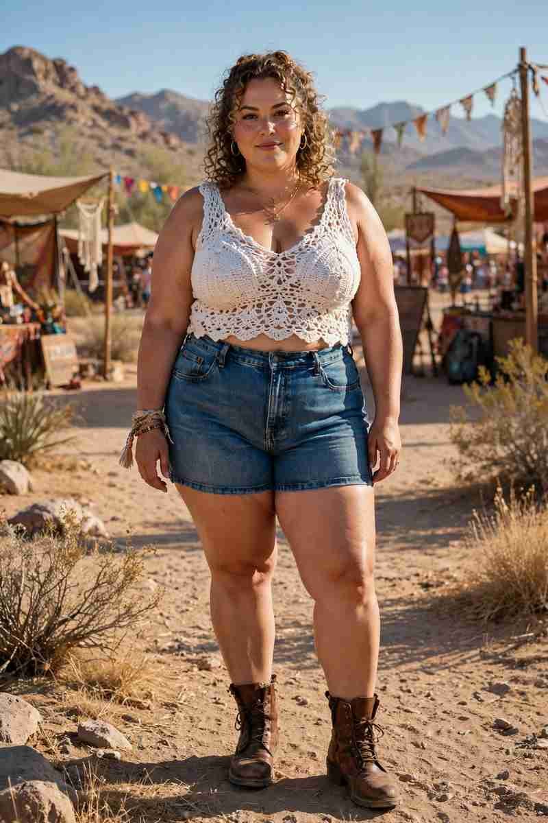 Plus-size woman in crochet top with high-waisted denim shorts at festival