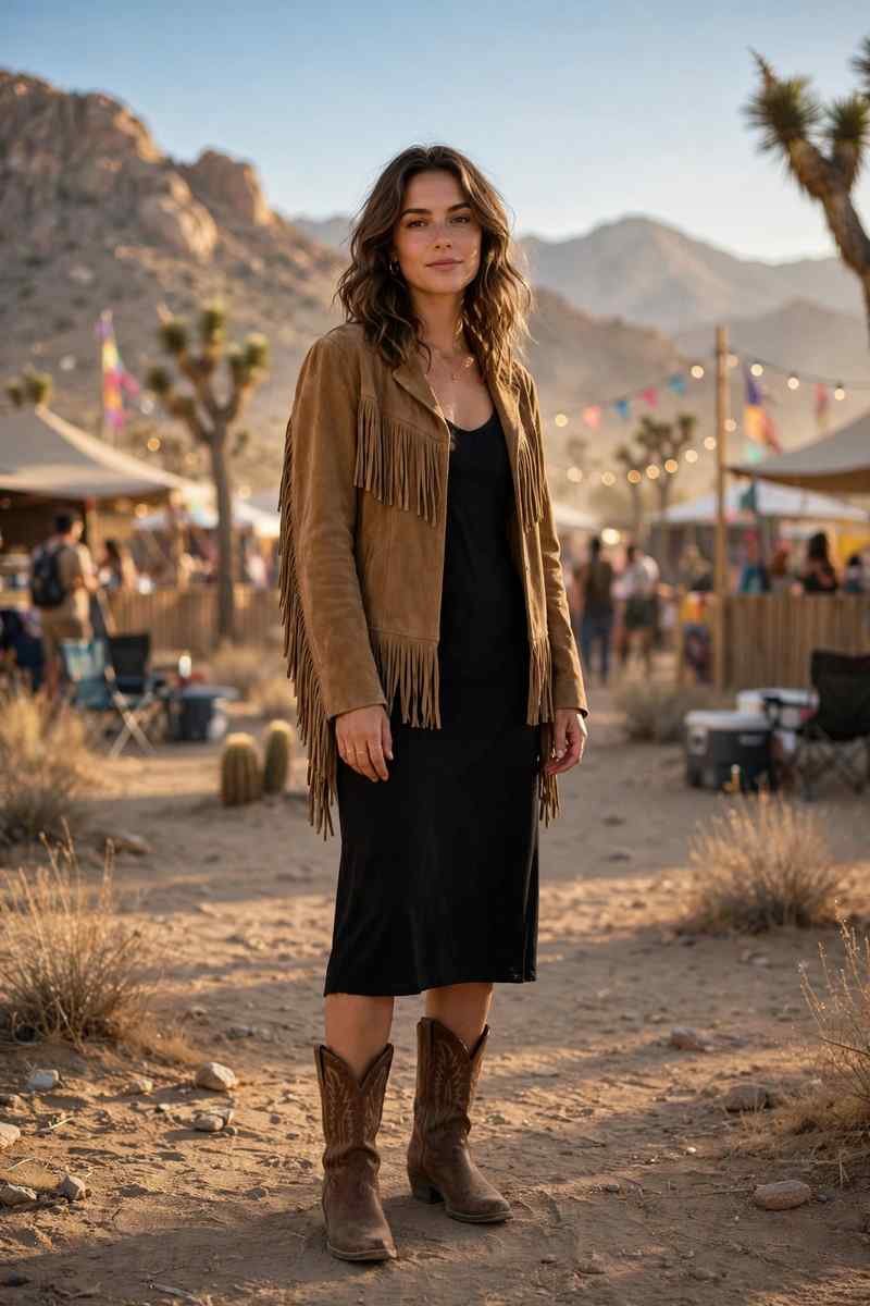 Suede fringe jacket over black dress with cowboy boots