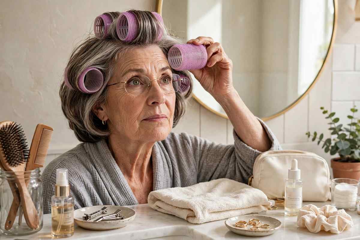 Older woman setting layered bob in velcro rollers for volume