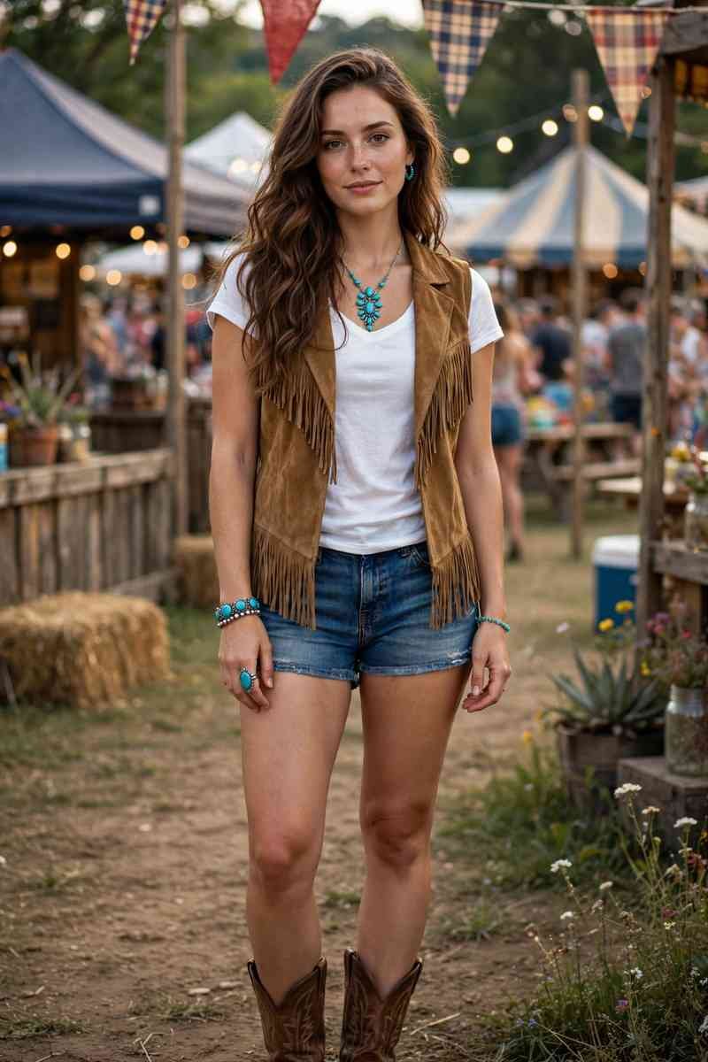 Fringed suede vest with denim shorts and turquoise jewelry