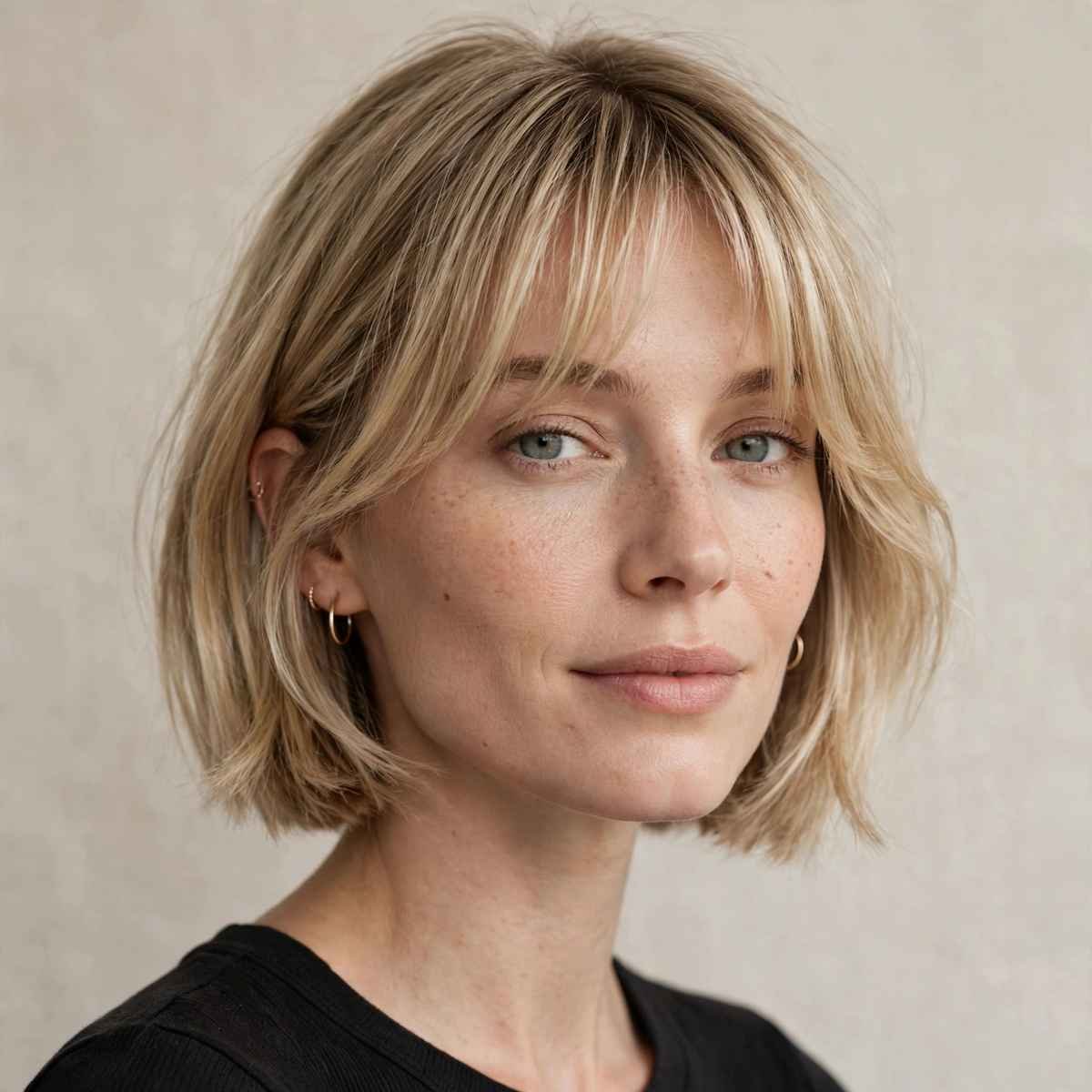 Chin-length bob with airy curtain bangs, blonde hair