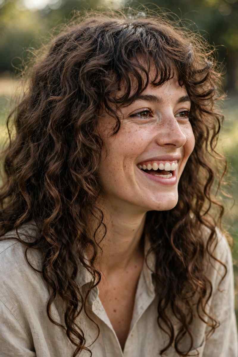 Woman with curly curtain bangs and long curly hair