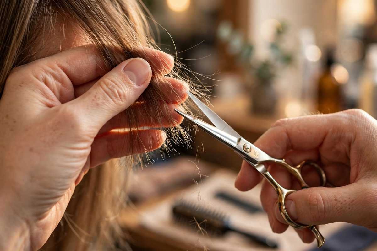 Hairstylist trimming airy curtain fringe with scissors