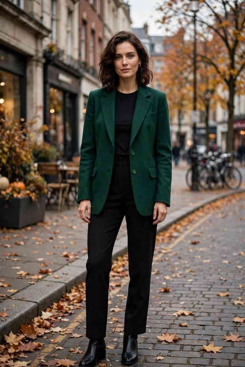 Forest green blazer over black trousers, autumn tailoring