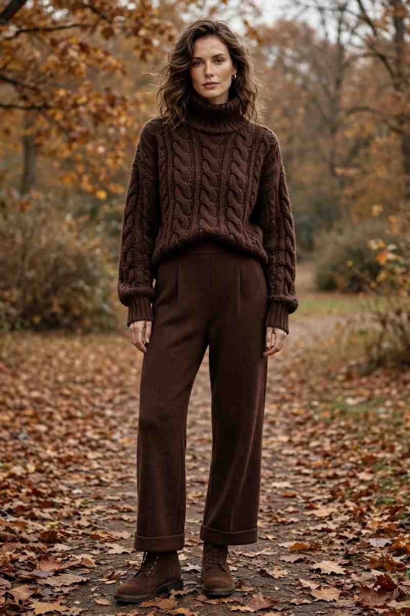 Head-to-toe chocolate brown monochrome autumn outfit