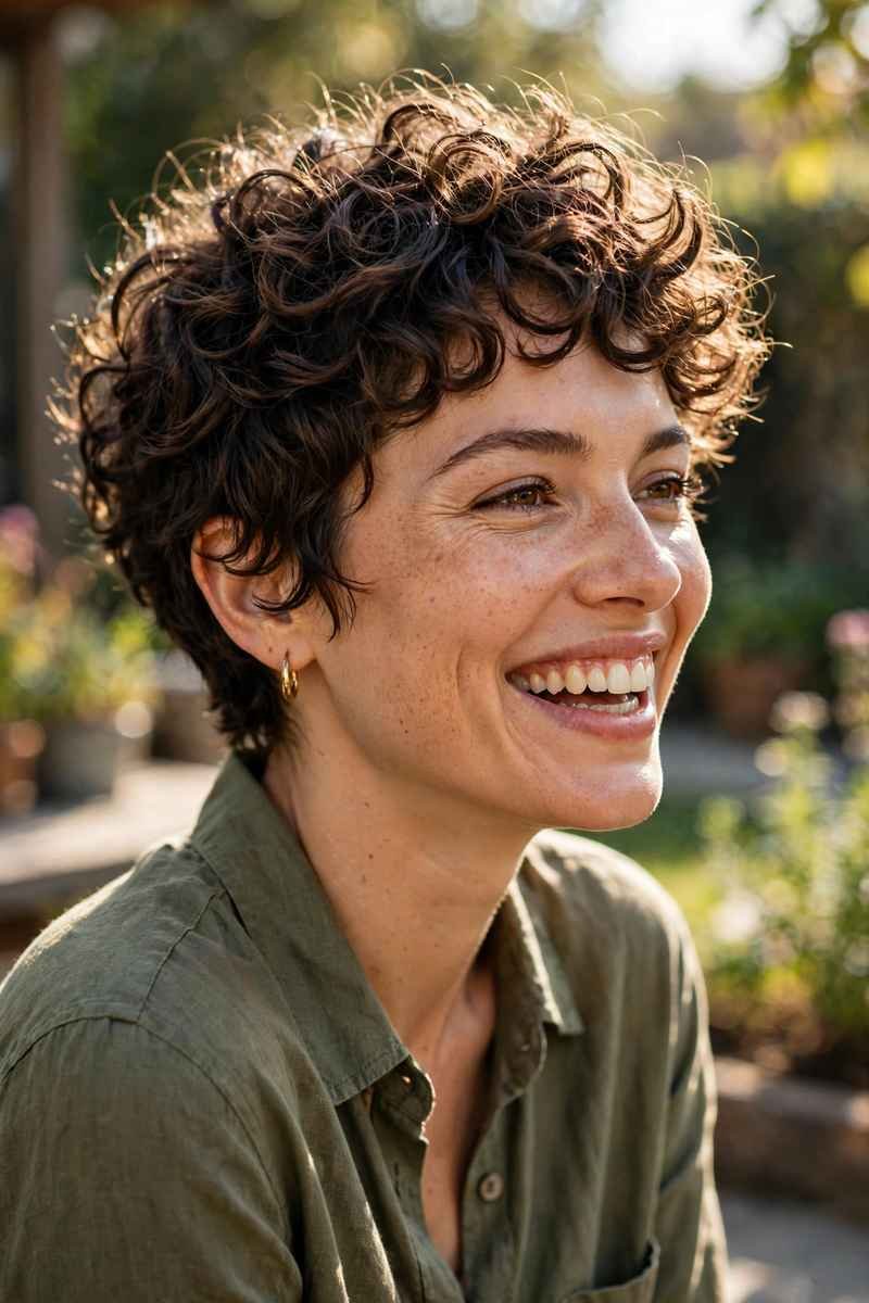 Woman with curly textured pixie, joyful expression