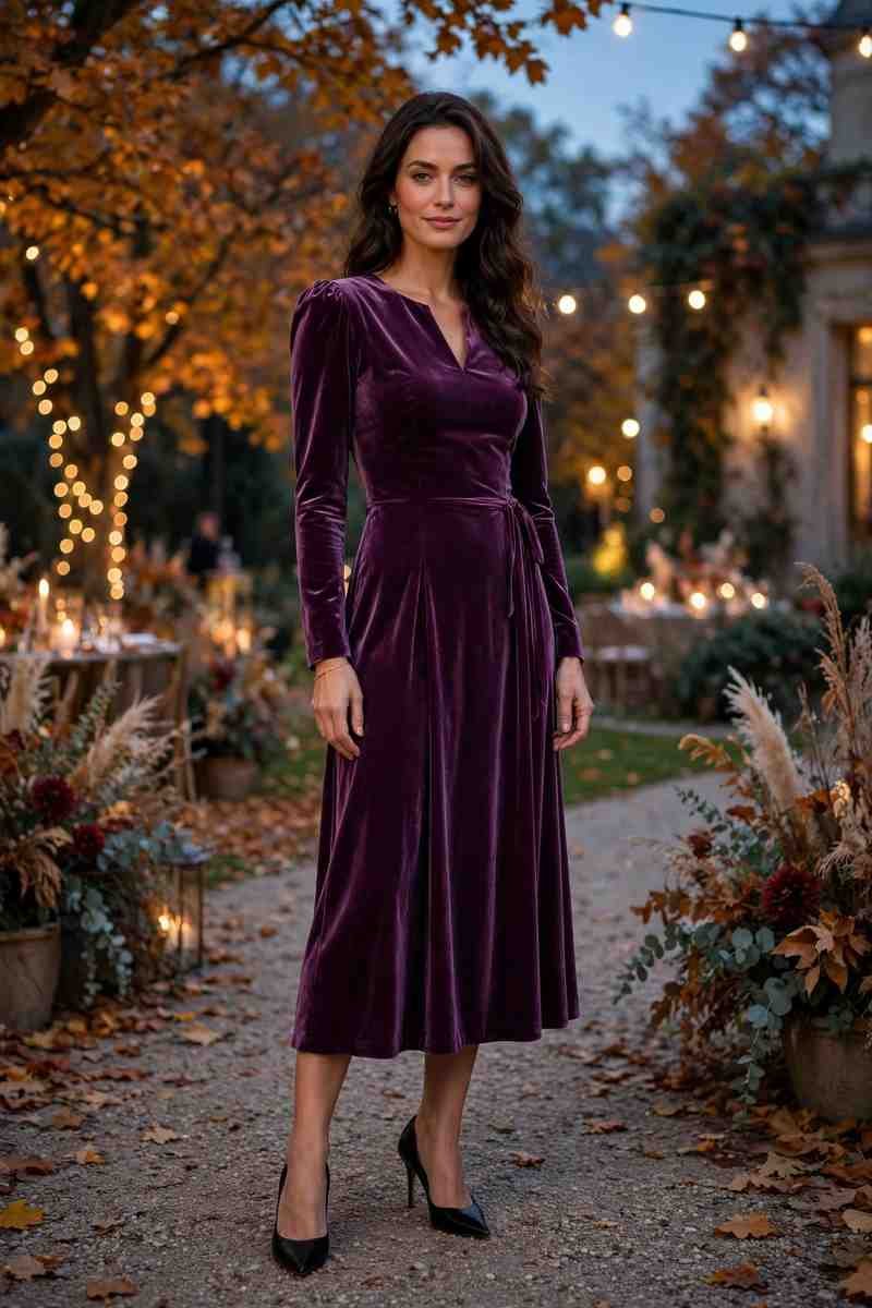 Plum velvet midi dress at autumn evening event