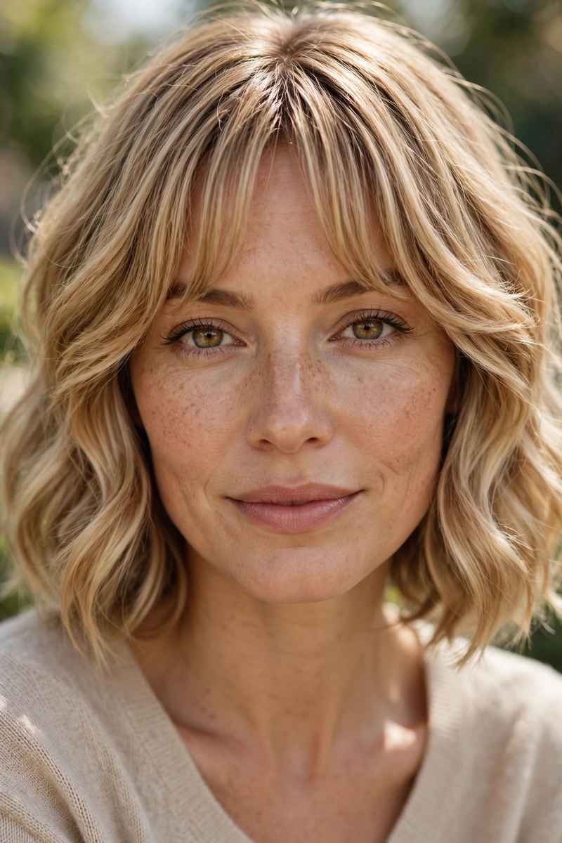 Wavy bob with curtain bangs, soft romantic waves