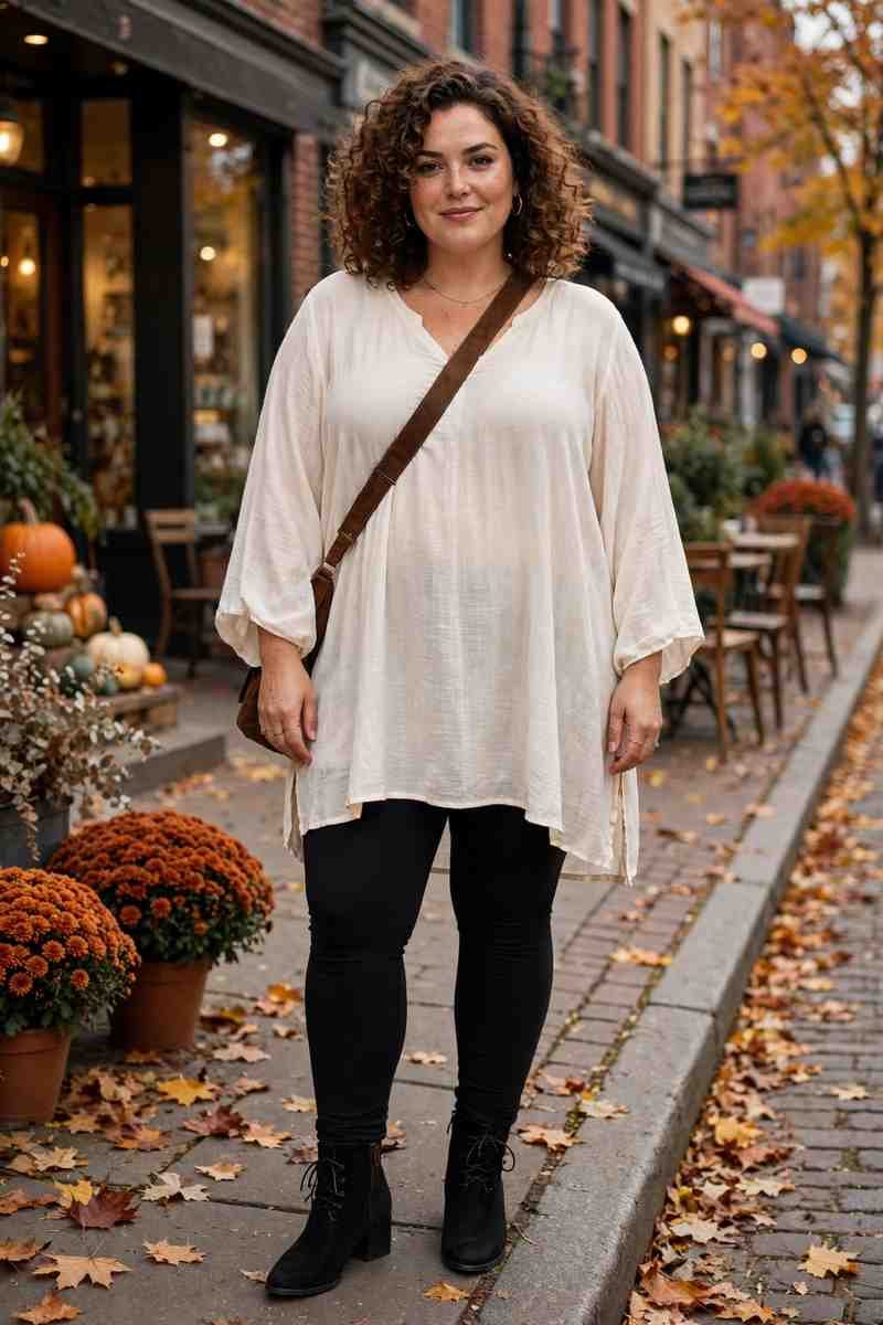 Flowy cream tunic with black leggings and ankle boots