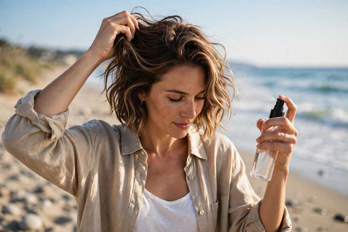 Woman creating beachy waves on wavy bob with sea salt spray