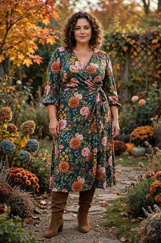 Floral wrap midi dress with knee-high boots, autumn garden