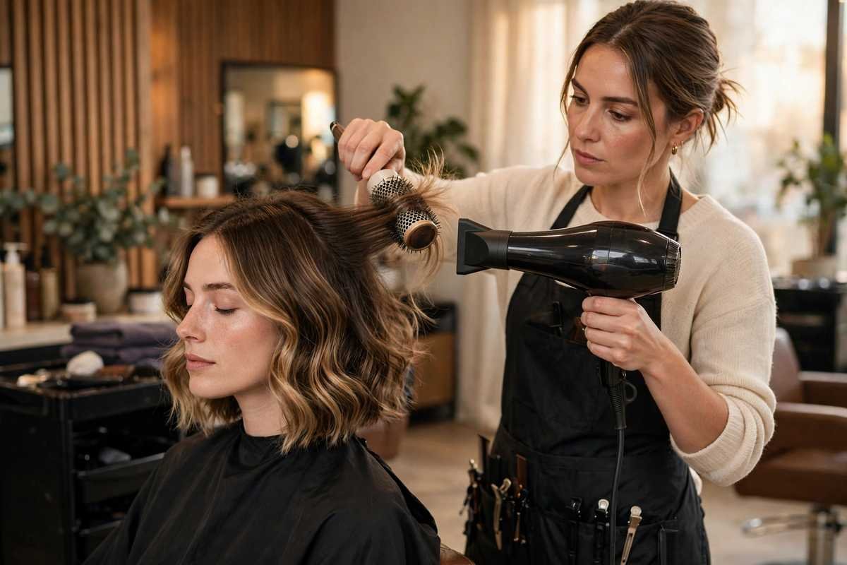 Hairstylist creating soft volume on wavy bob with round brush