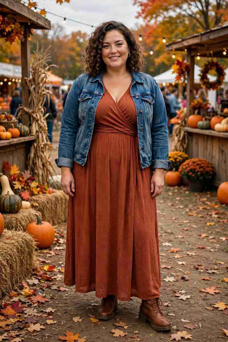 Rust maxi dress with denim jacket and boots, fall festival