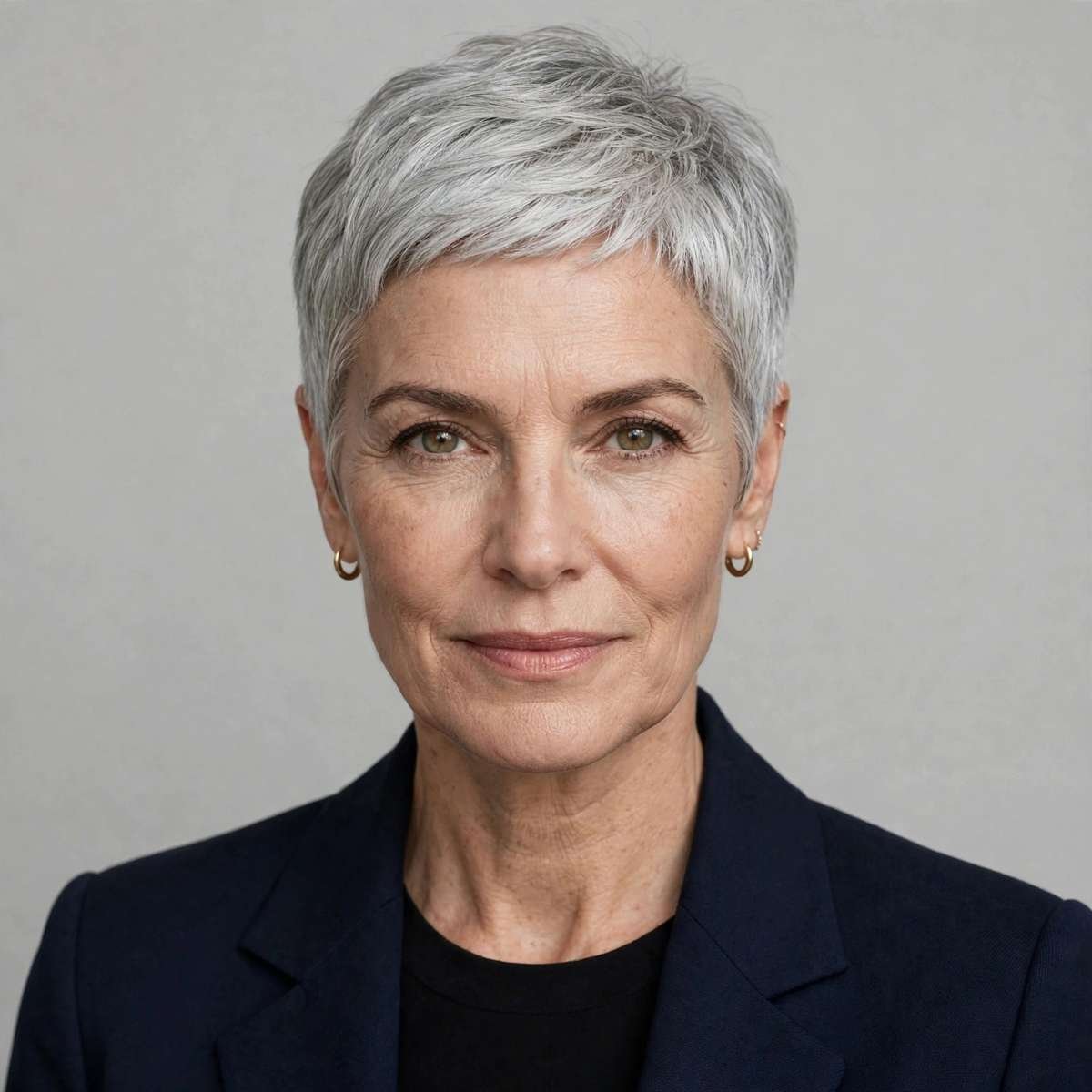 Distinguished woman over 50 with classic tailored pixie