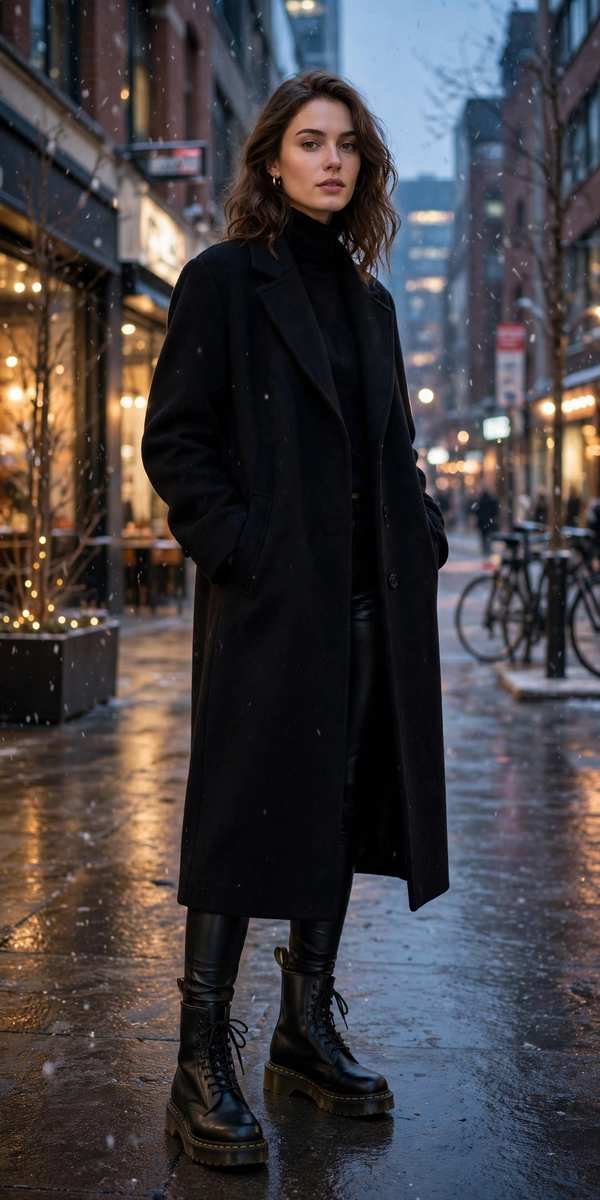 Black Doc Martens with leather leggings and long black wool coat
