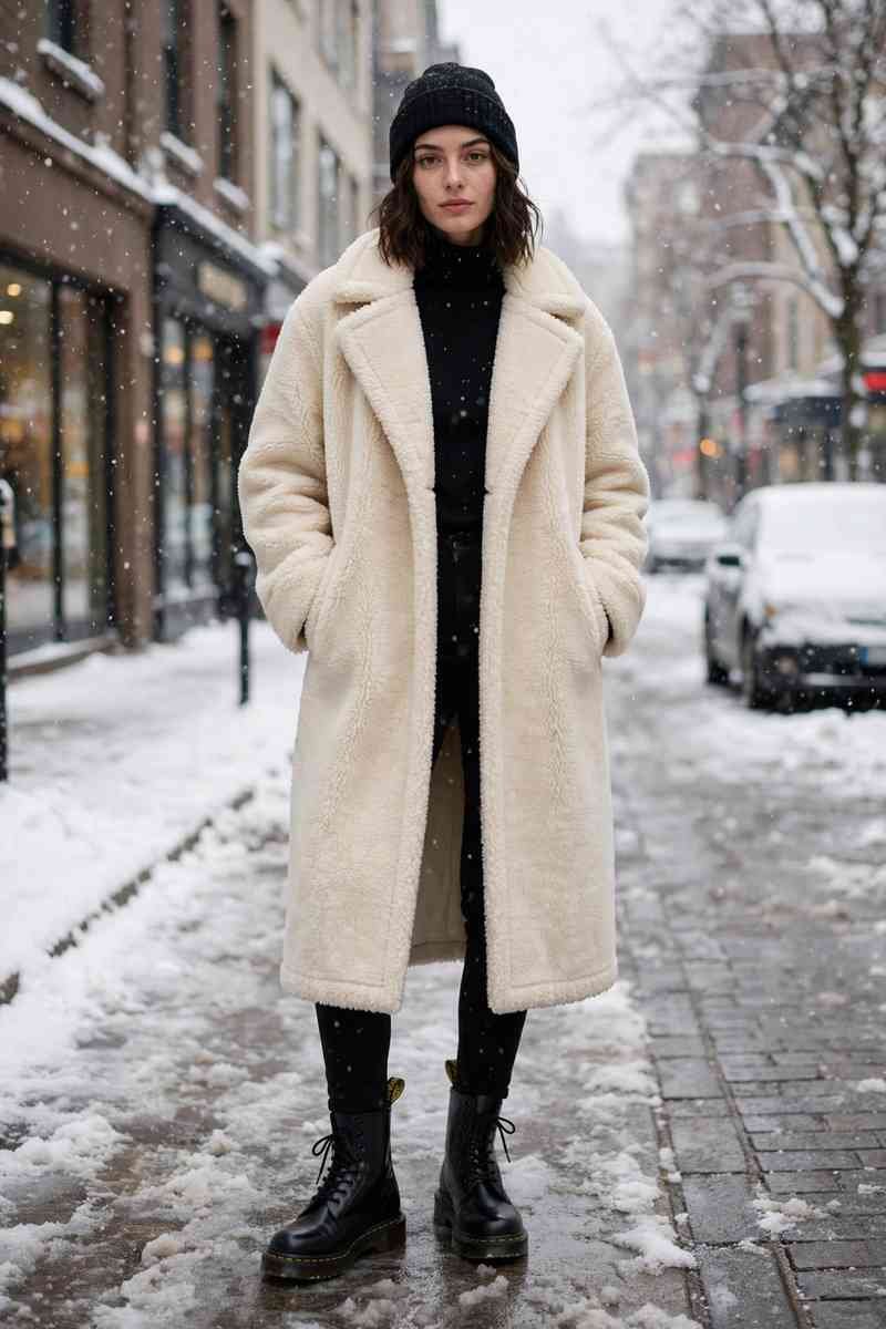 Black Doc Martens with all-black outfit and cream teddy coat