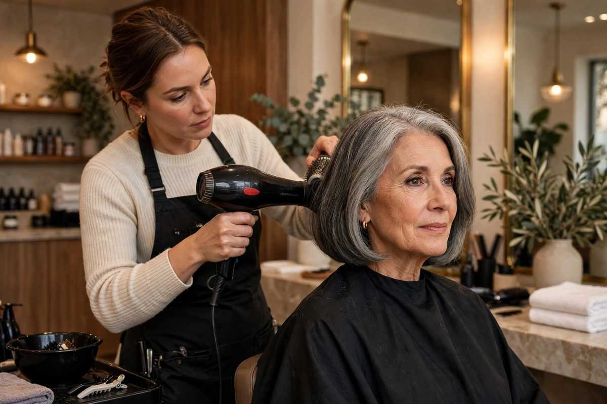 Hairstylist finishing timeless bob on mature client in salon