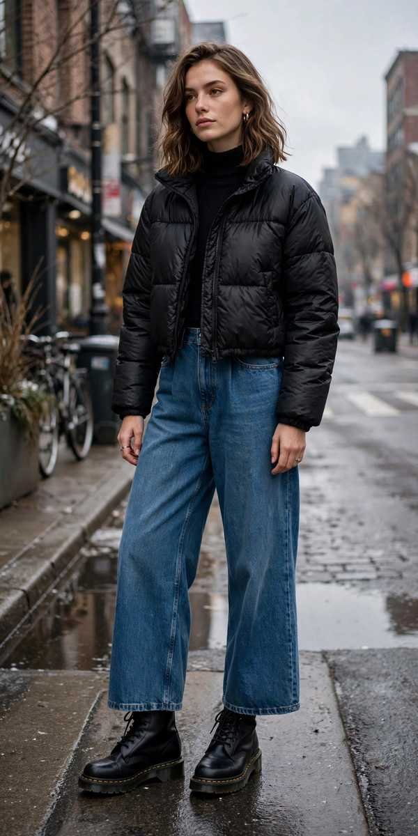 Black Doc Martens with wide-leg jeans and cropped puffer jacket