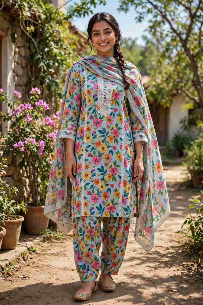 Colorful floral printed lawn kameez shalwar with dupatta