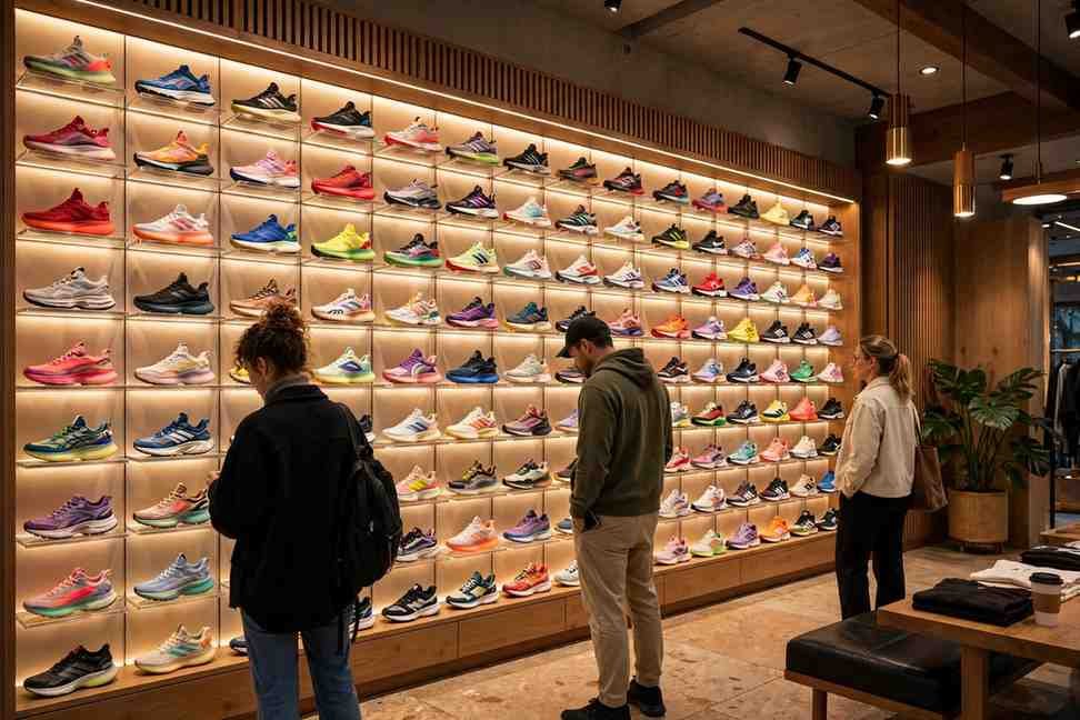 Premium sneaker boutique interior with wall of limited-edition sneakers in New York City