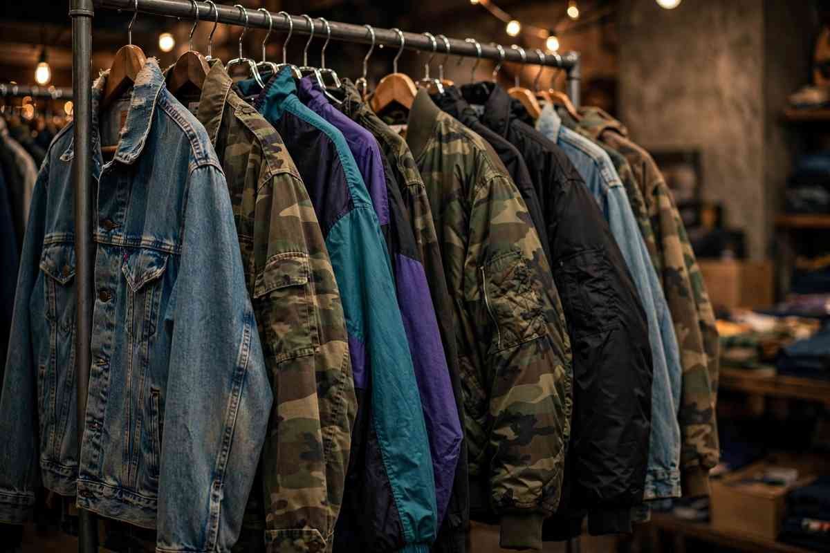 Vintage clothing rack with 1990s streetwear jackets in a Brooklyn thrift store