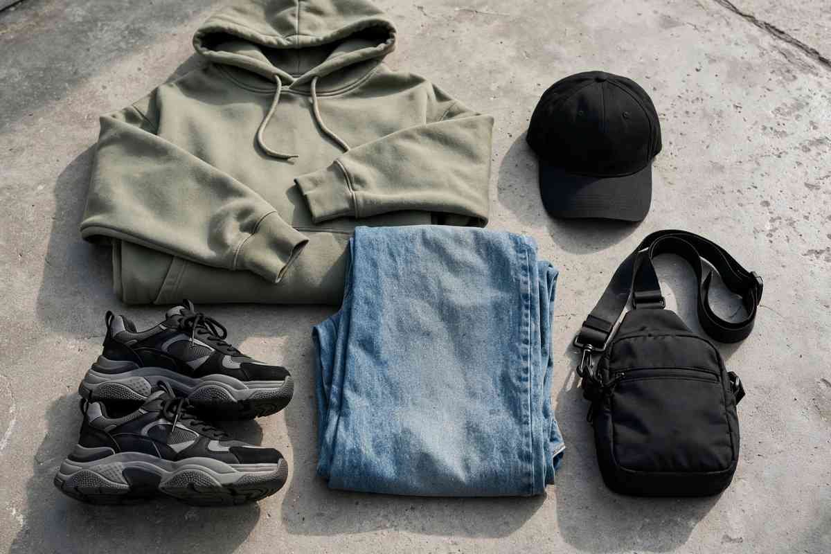 Flat lay of streetwear essentials including hoodie, sneakers and cap