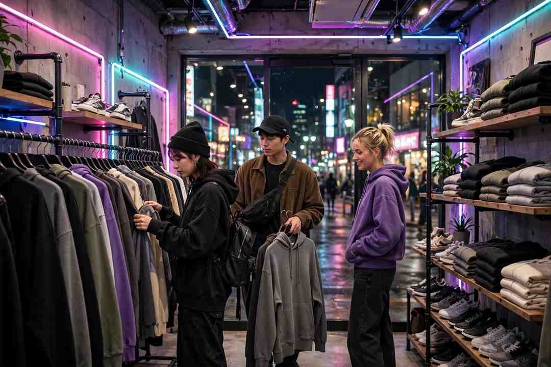 Tokyo Harajuku streetwear boutique interior at night