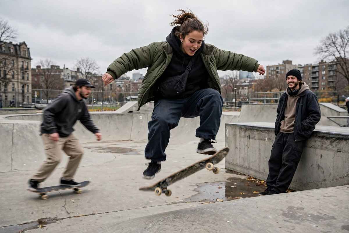 Young skateboarders in streetwear at a Montreal skatepark