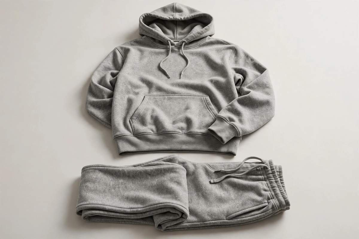 Premium heavyweight fleece hoodie and sweatpants flat lay