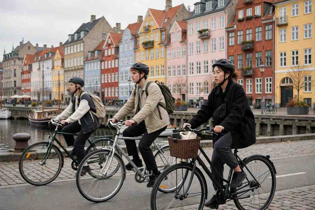 Cyclists in Scandinavian minimalist streetwear in Copenhagen