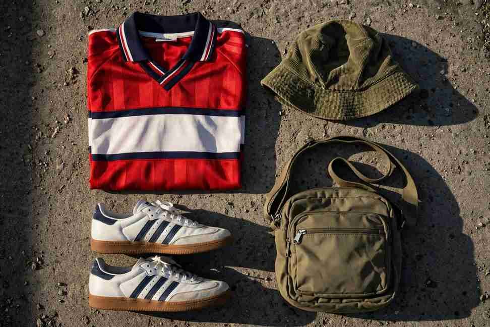 British terrace fashion inspired streetwear flat lay