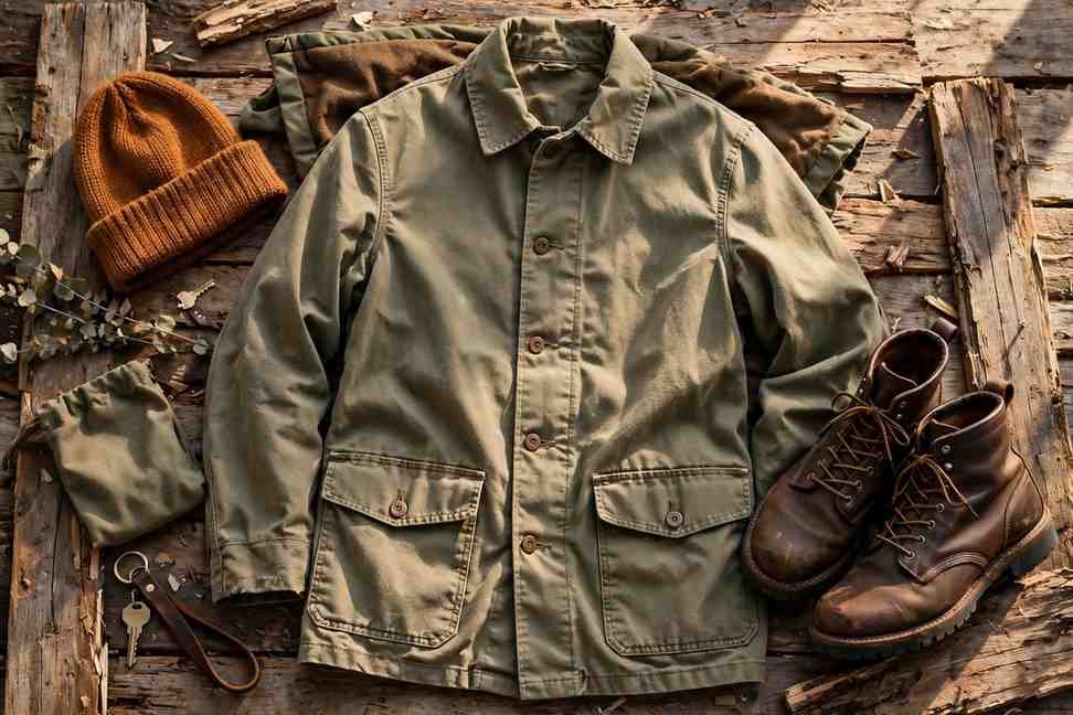 American workwear inspired streetwear flat lay with chore coat