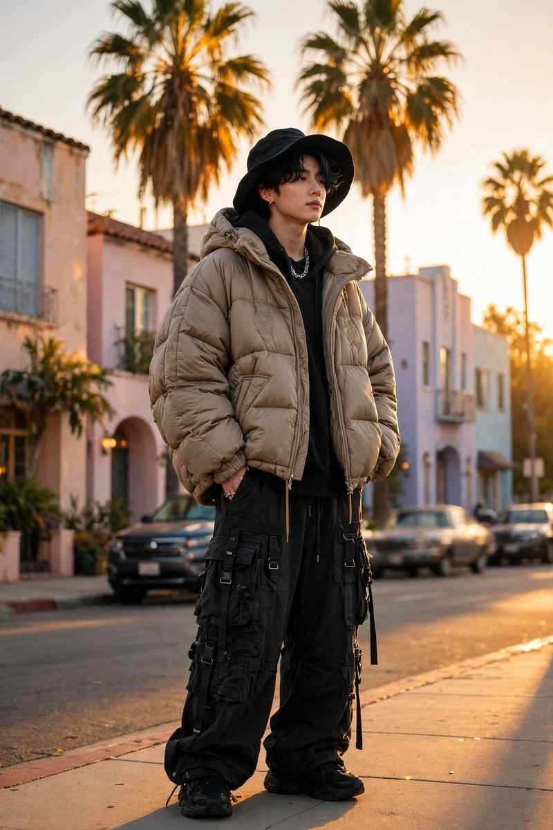 Los Angeles streetwear scene at golden hour with palm trees
