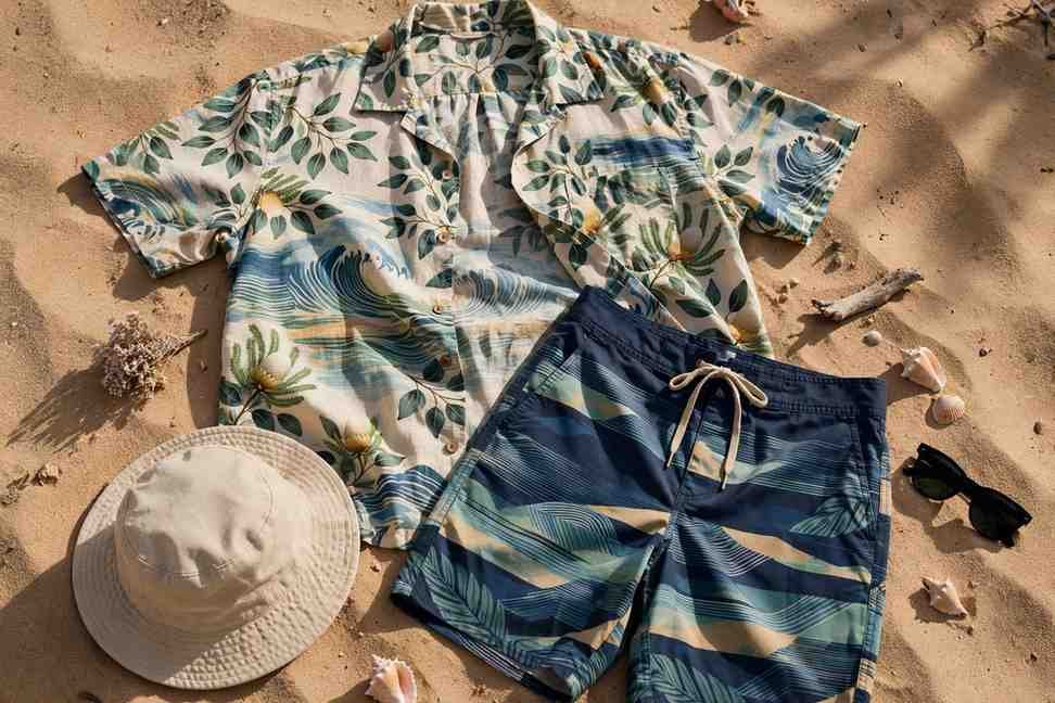 Australian surf-inspired streetwear flat lay on sand