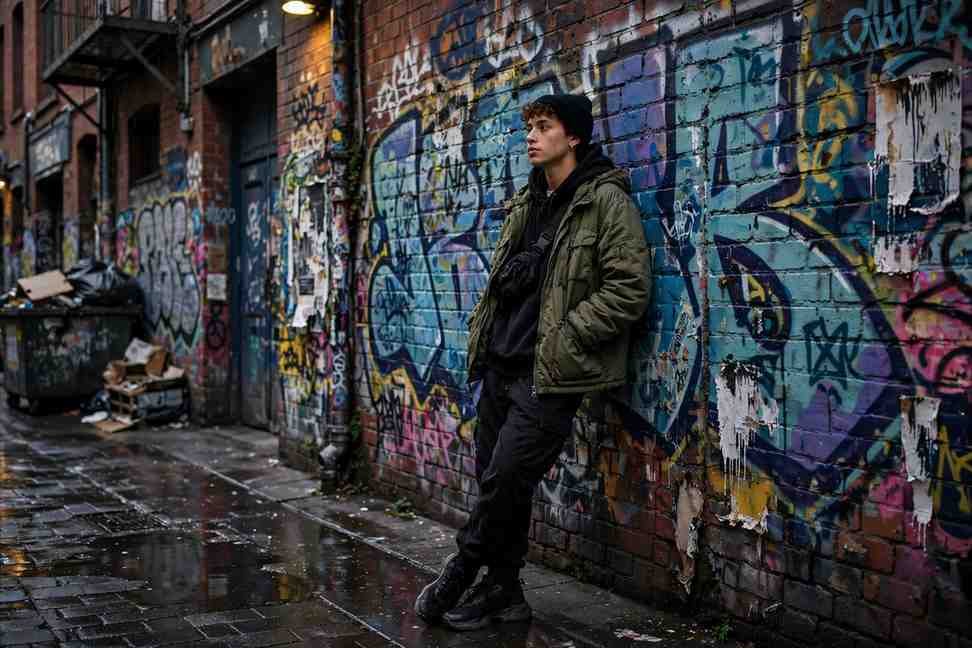 Melbourne laneway street style against graffiti wall