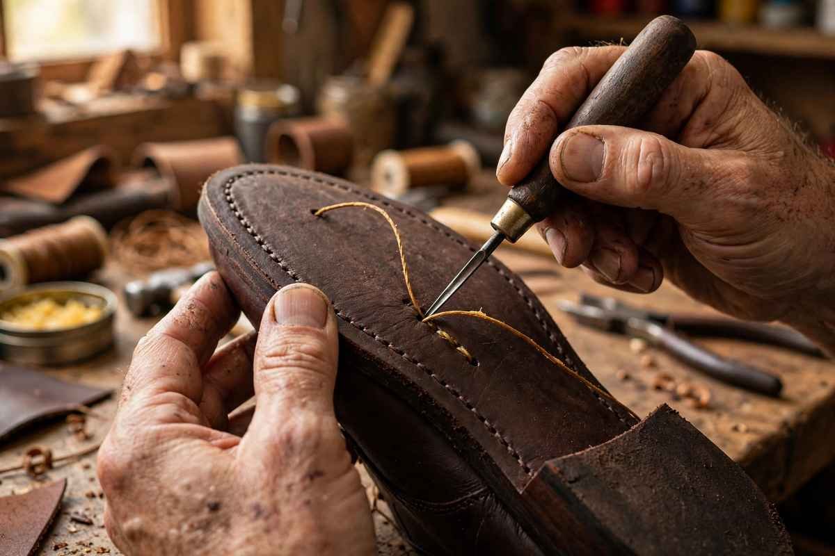 Hands hand-stitching a leather shoe sole with awl and thread