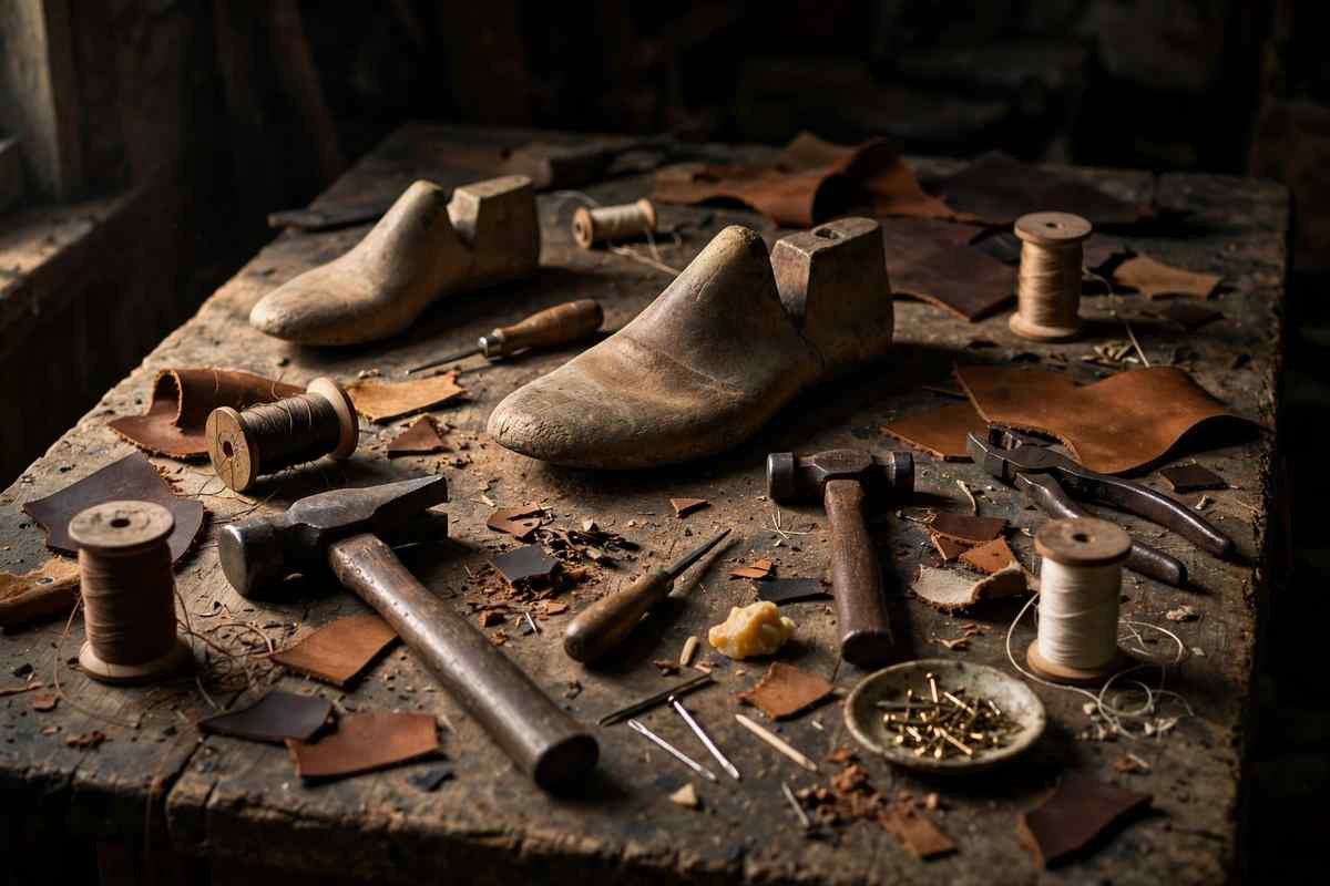 Traditional cobbler tools arranged on a wooden workbench