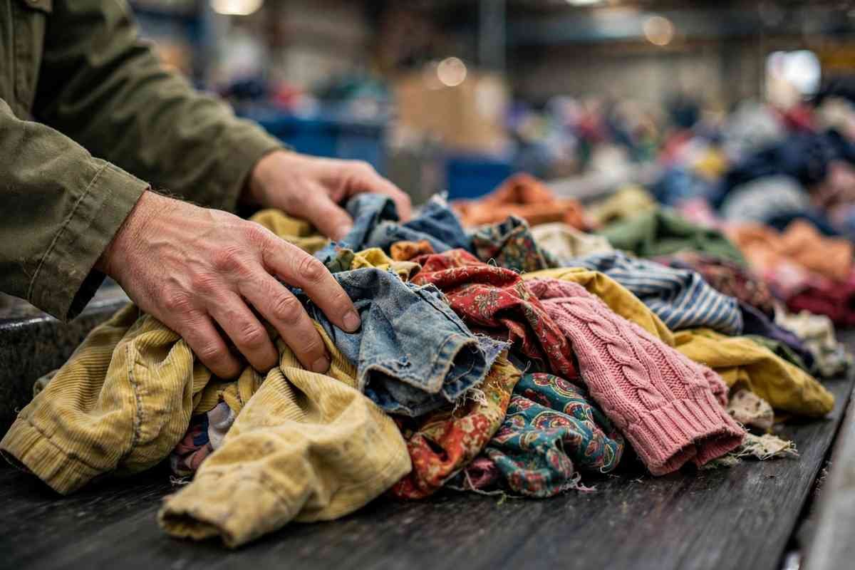 Hands sorting vintage clothing on a conveyor belt