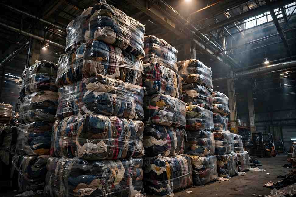 Towering bales of compressed used clothing in a warehouse