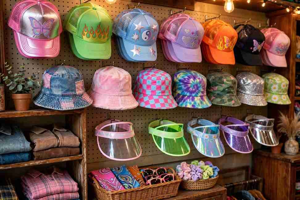 Wall display of Y2K style hats in a vintage shop