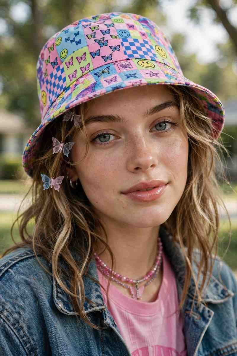 Young woman in Y2K fashion wearing a colorful bucket hat